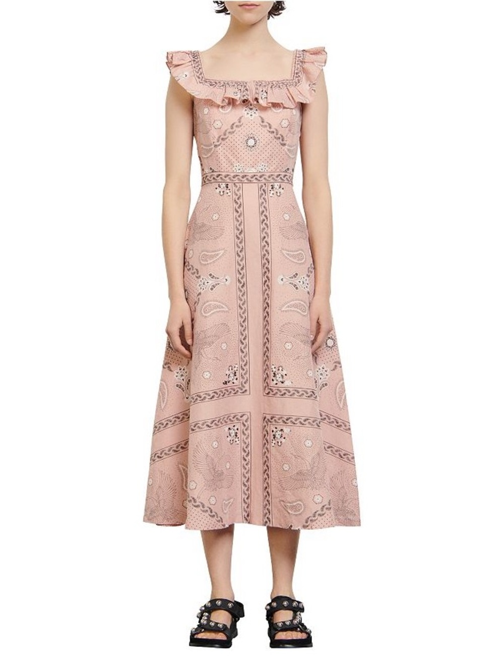 Sandro Powder Pink Print Linen Blend Dress